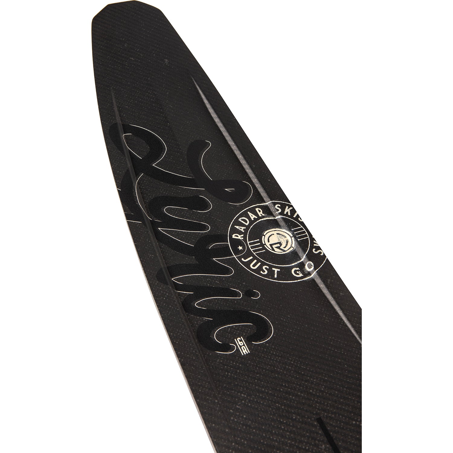 2027 Radar Lyric Graphite slalom ski Carbon / Black — topsheet and tip detail