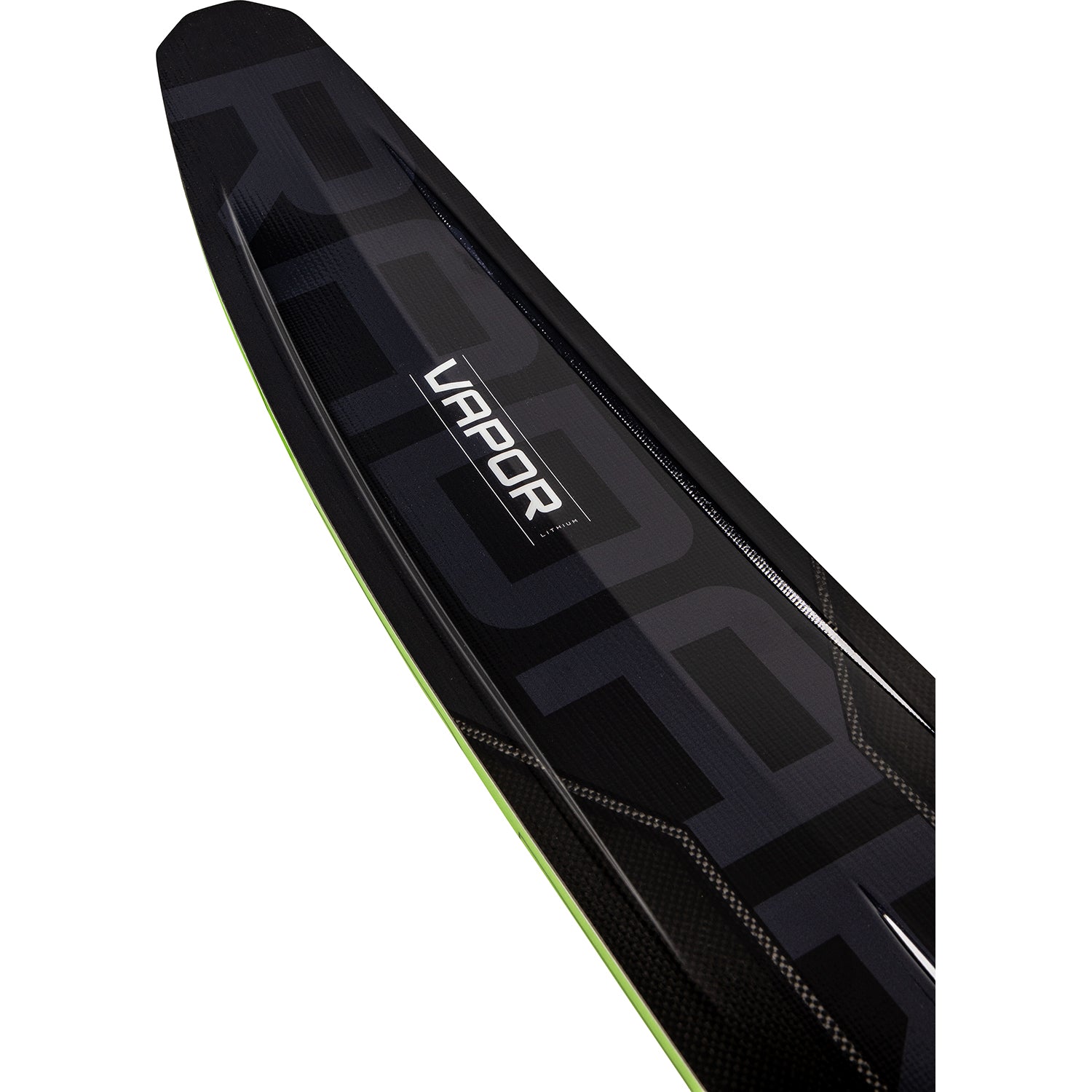 2027 Radar Vapor Lithium slalom ski Carbon / Black / Neon — topsheet and tip detail