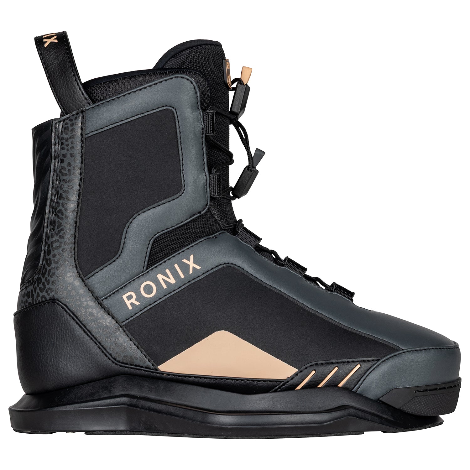 2027 Ronix Rise Womens Wakeboard Boots Black Cheetah / Apricot — AutoLock lacing and cuff detail