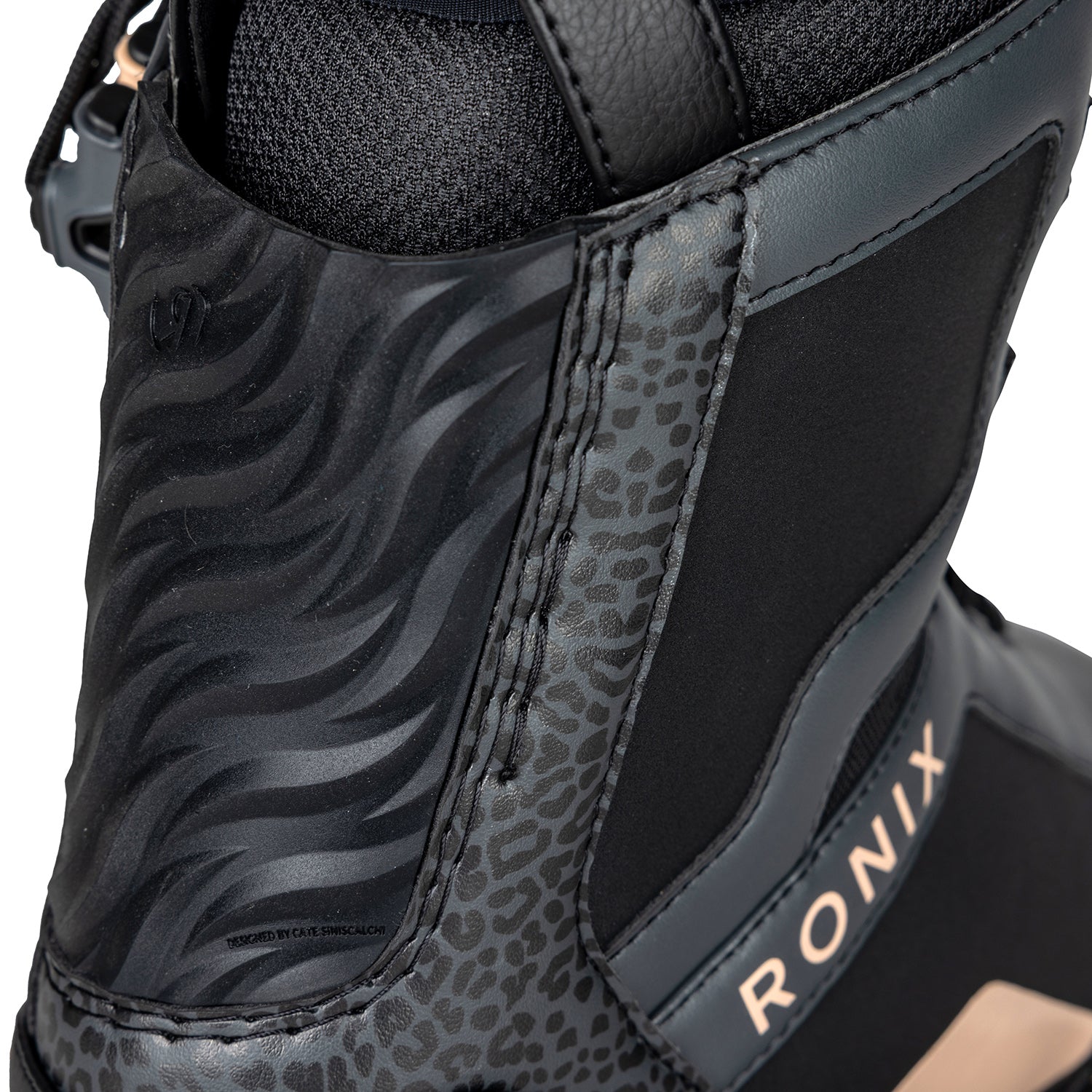 2027 Ronix Rise Womens Wakeboard Boots Black Cheetah / Apricot — Mainframe 2.0 chassis and heel panel detail