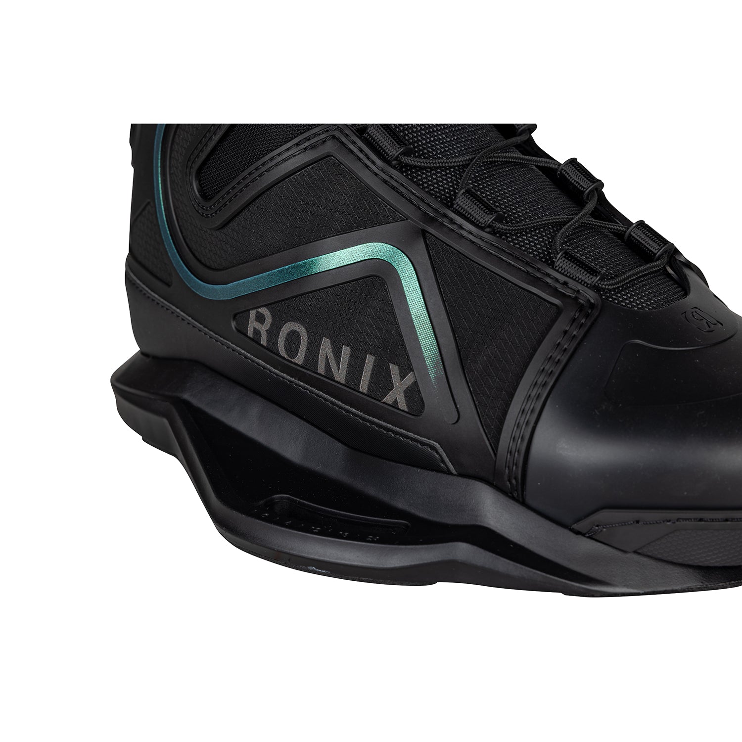 2027 Ronix RXT Wakeboard Boots Black / Holographic — Mainframe 2.0 high cut and heel panel detail