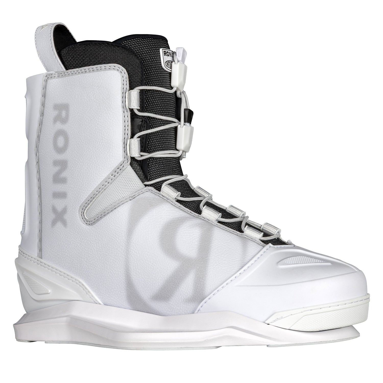 2027 Ronix Utopia Wakeboard Boots White / Smoke — SuperFabric tongue and AutoLock lacing detail
