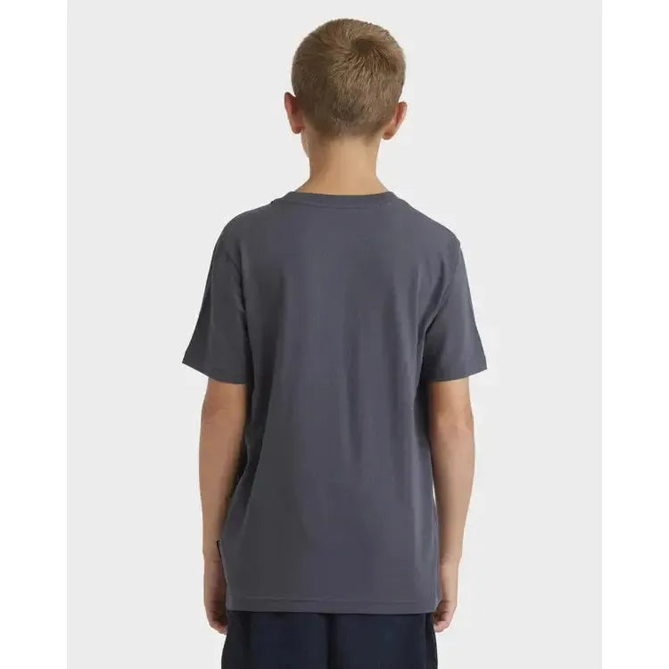 Boy wearing plain dark grey short sleeve t-shirt, viewed from the back