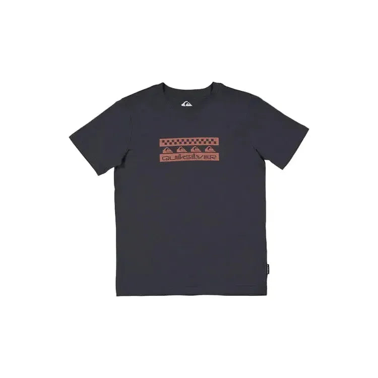 Black short sleeve t-shirt with red geometric graphic and surf-inspired logo on chest
