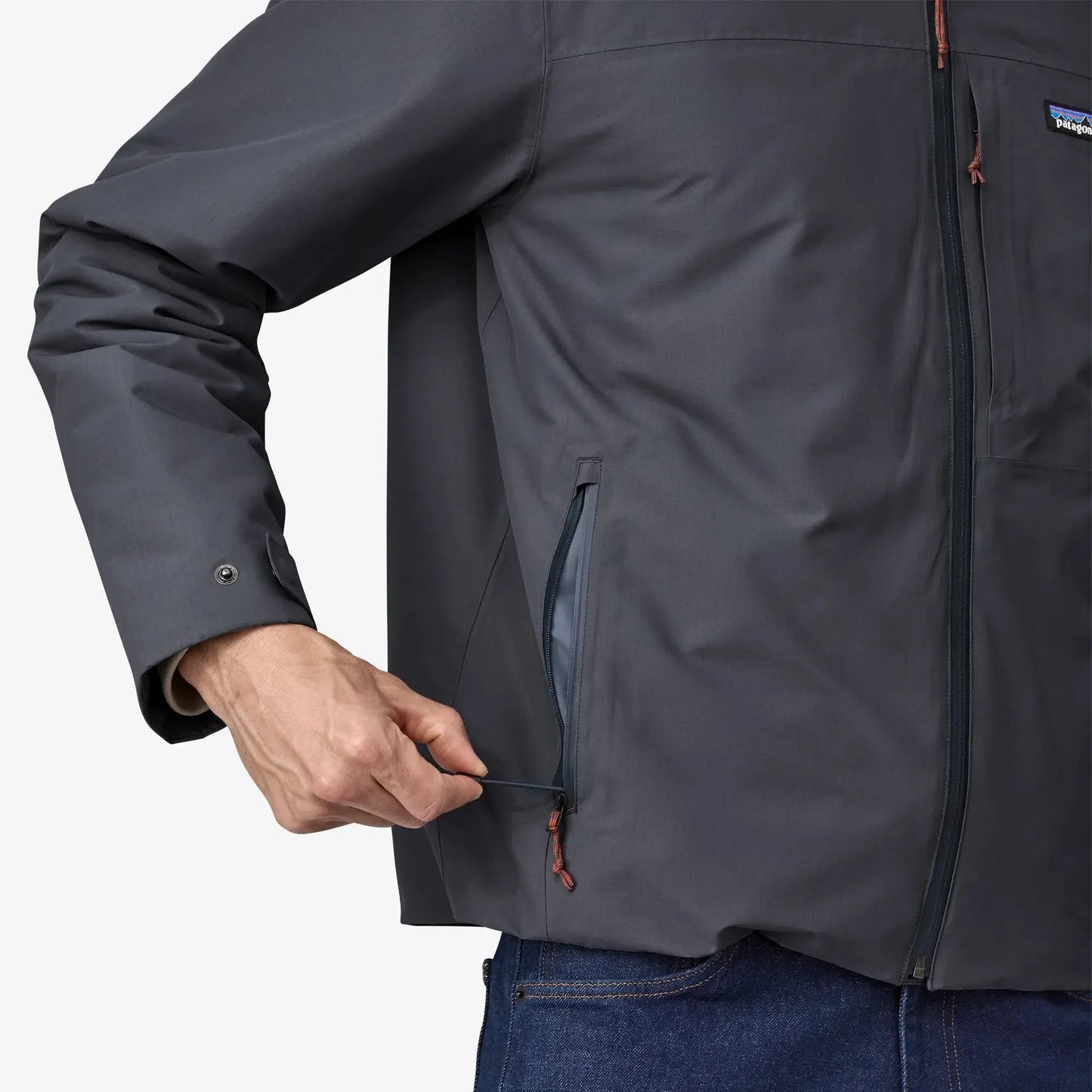 Dark gray jacket with a brand logo on a white background
