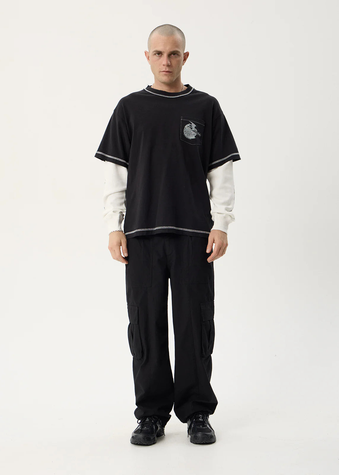 Afends Heavy Parts Layered Waffle Long Sleeve Tee - Stone Black