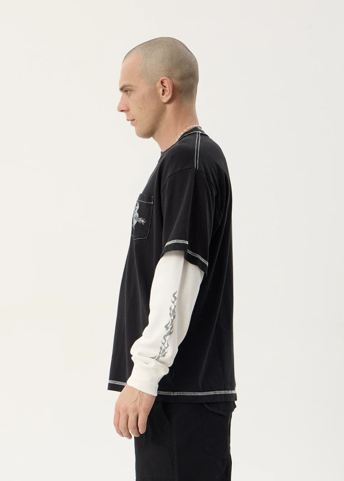 Afends Heavy Parts Layered Waffle Long Sleeve Tee - Stone Black