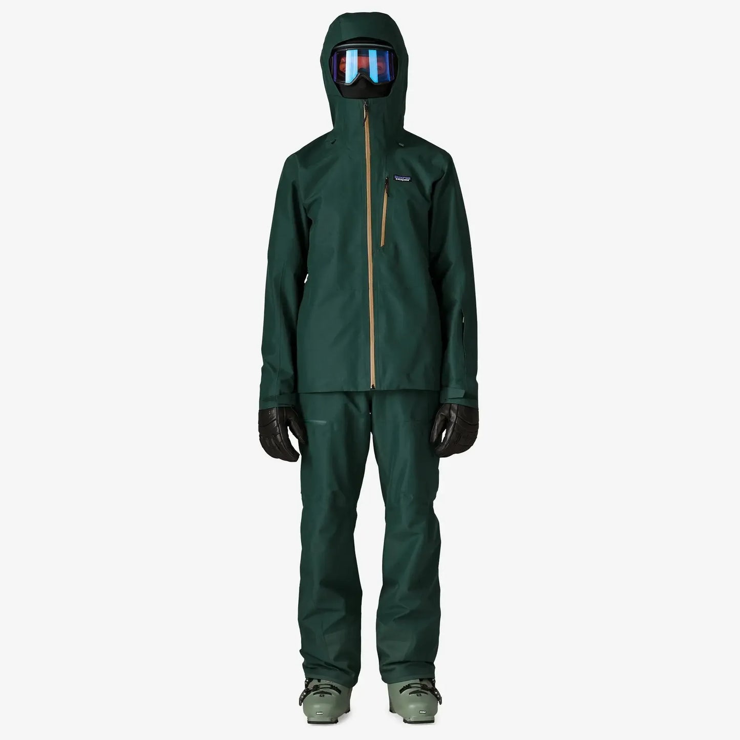 Green rain suit with Patagonia logo on a white background
