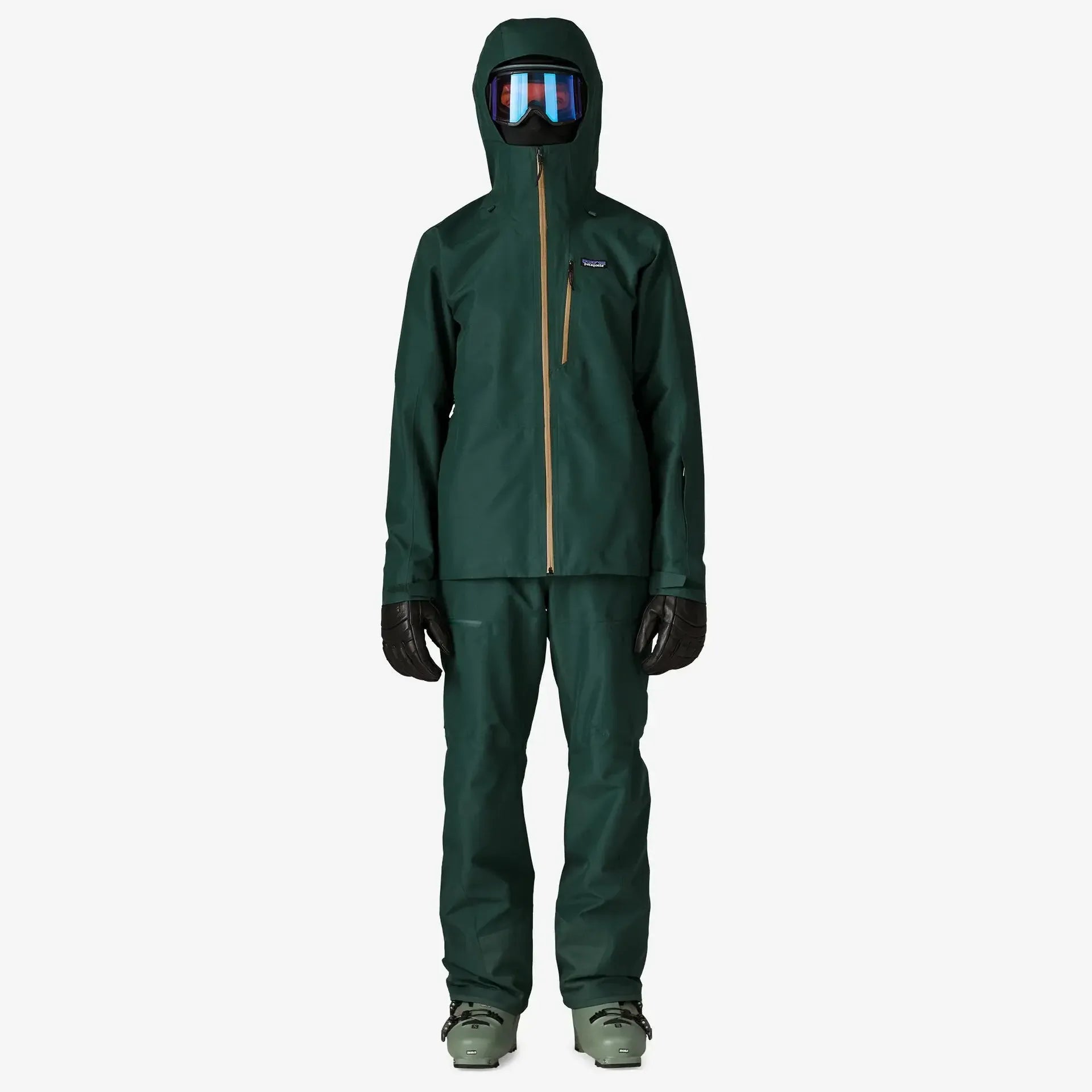 Green rain suit with Patagonia logo on a white background