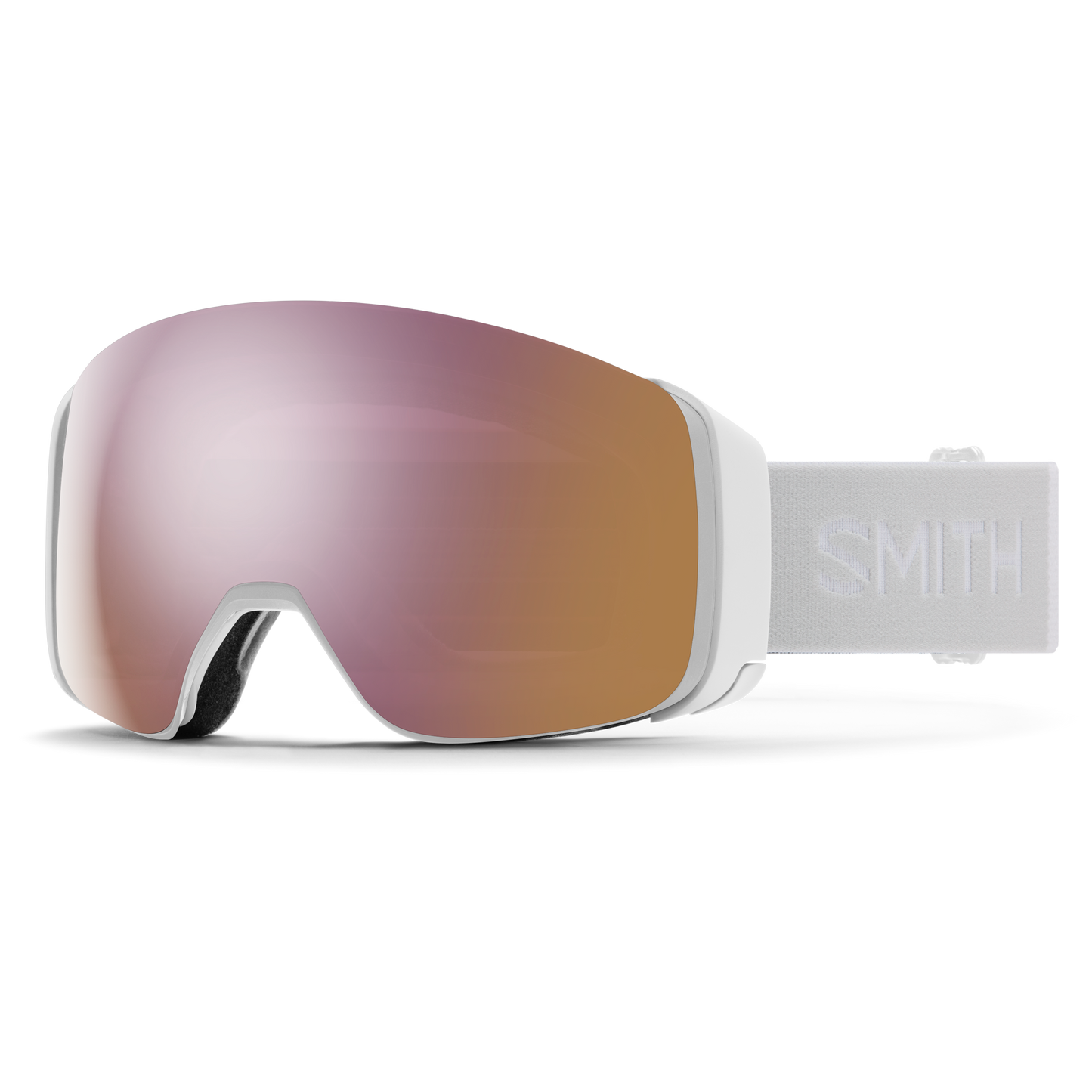 Smith 4D MAG snow goggle in White Vapor with ChromaPop Everyday Rose Gold Mirror lens, three-quarter view