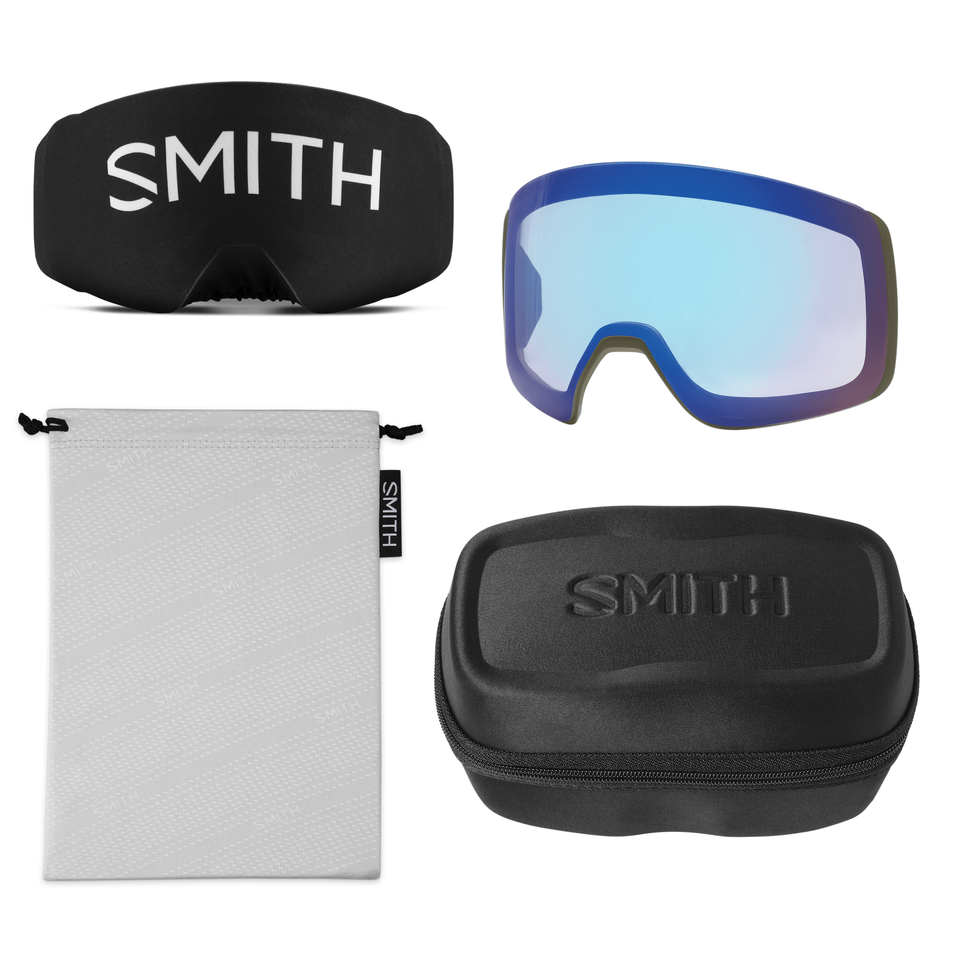 Smith 4D MAG White Vapor box contents: hard case, microfibre bag, lens cover and spare Storm Blue Sensor Mirror lens