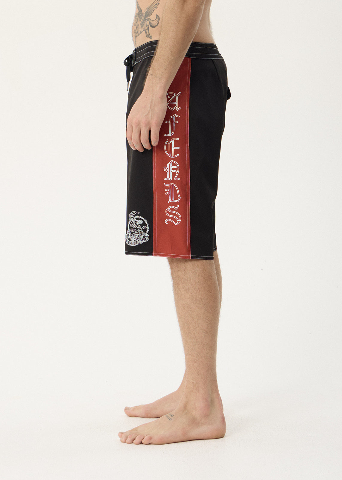 Afends Motor Surf Related V2 Boardshort 22" Black — side panel and leg artwork