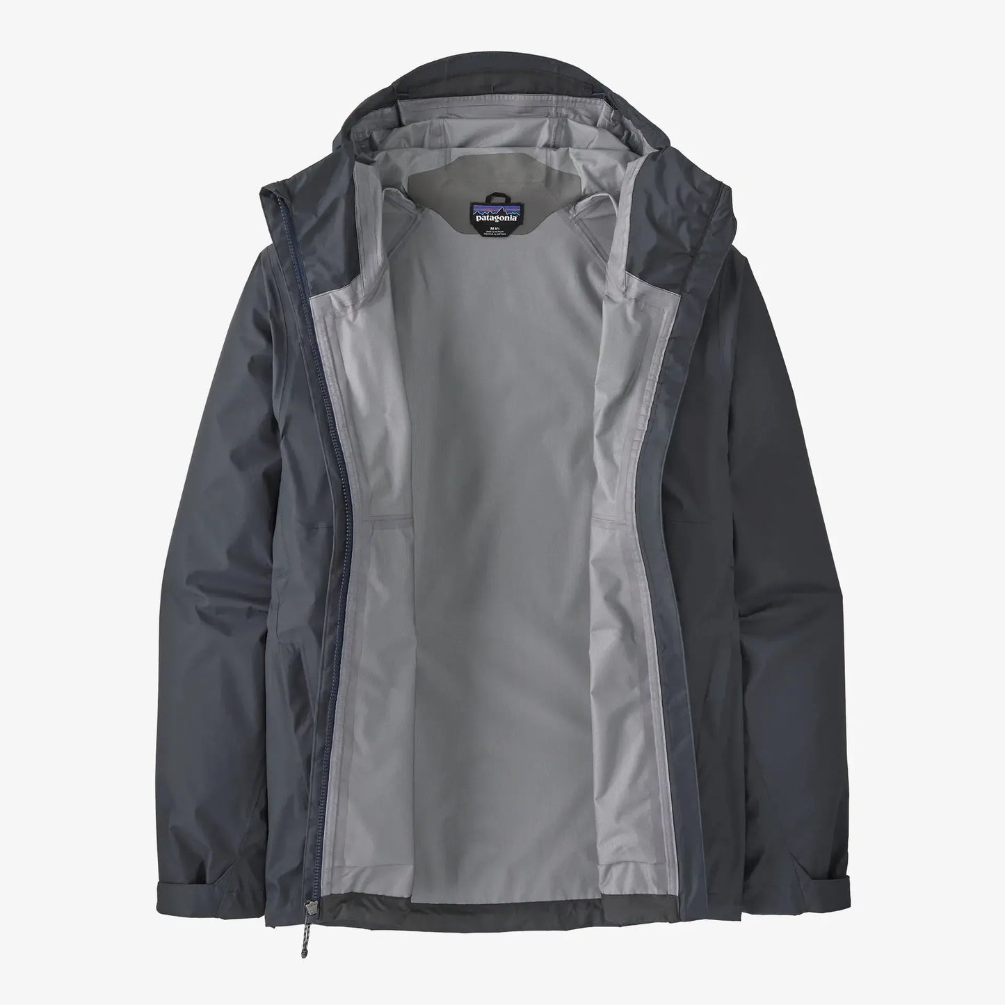 Patagonia Gray rain jacket with a visible brand logo on a white background