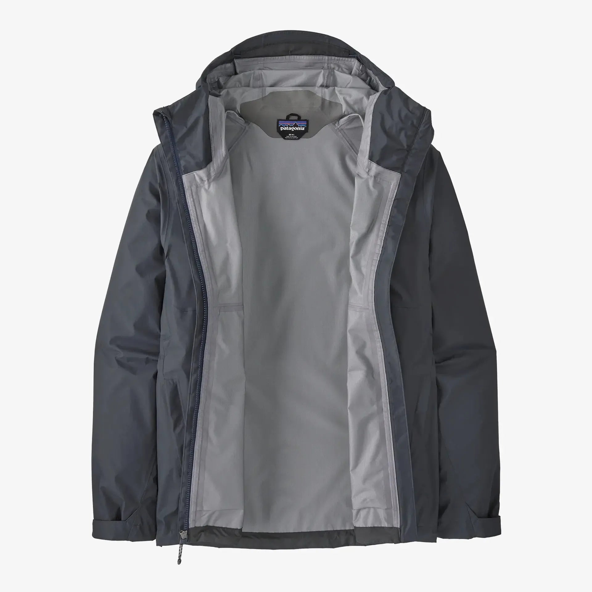 Patagonia Gray rain jacket with a visible brand logo on a white background