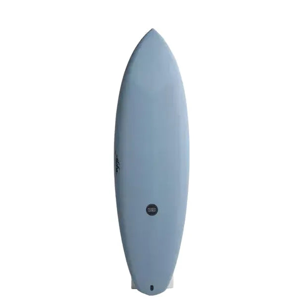 Light blue surfboard with rounded nose, displayed upright on white background, from Welcome Boardstore