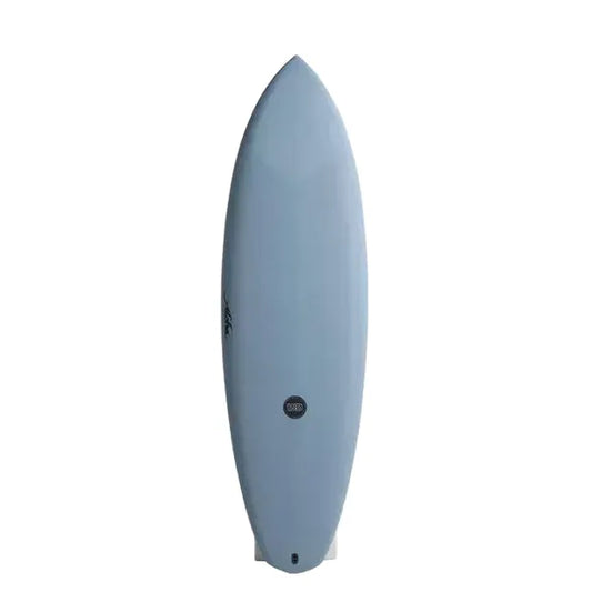 Light blue surfboard with rounded nose, displayed upright on white background, from Welcome Boardstore