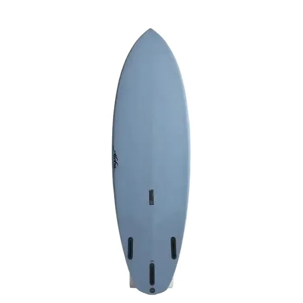 Twin fin blue surfboard with quad fin setup, surf essentials from Welcome Boardstore