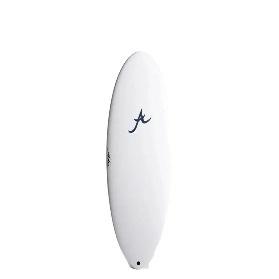 White surfboard with black logo on plain background, surfing gear at Welcome Boardstore
