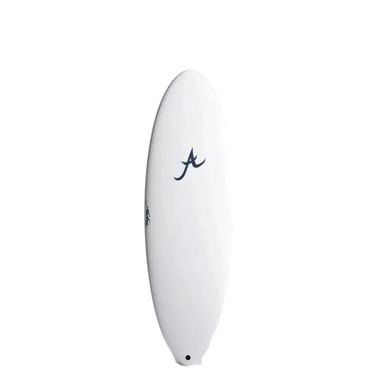 White surfboard with black logo on plain background, surfing gear at Welcome Boardstore