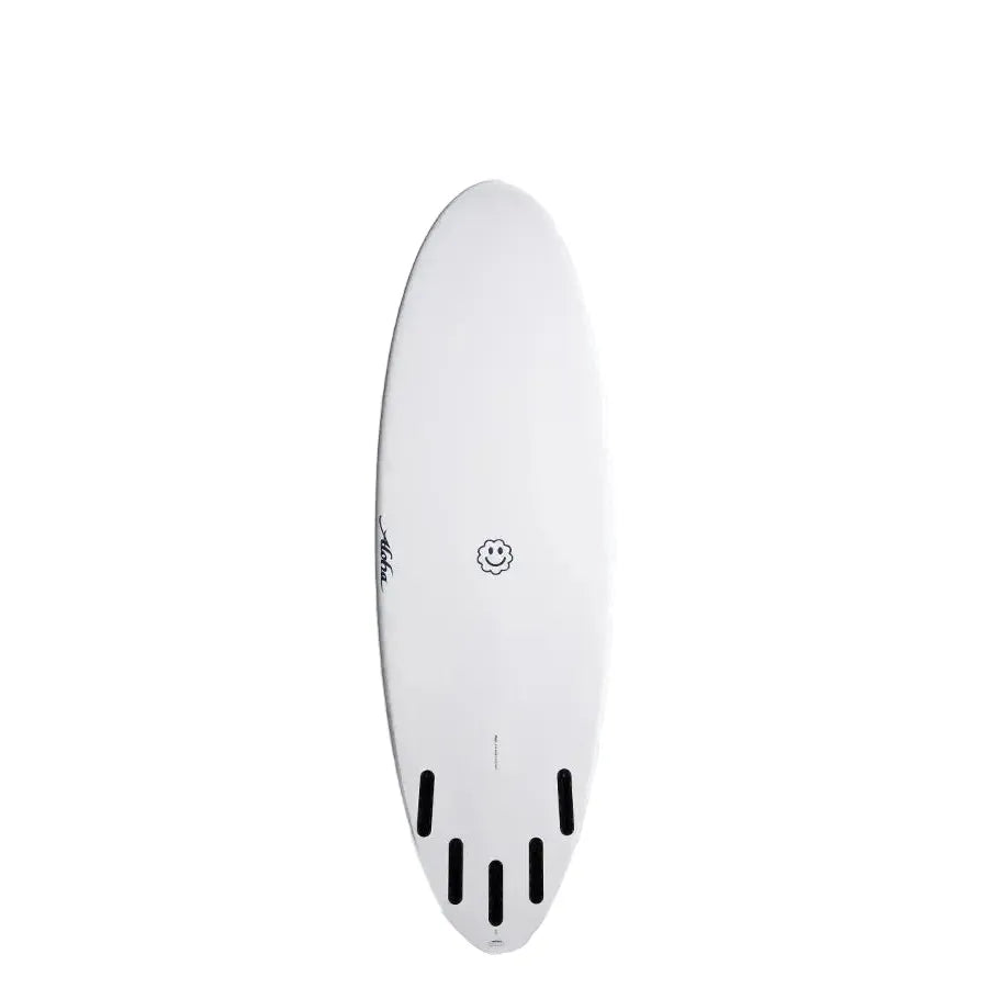 White surfboard with fin slots and a smiley face graphic, available at Welcome Boardstore.