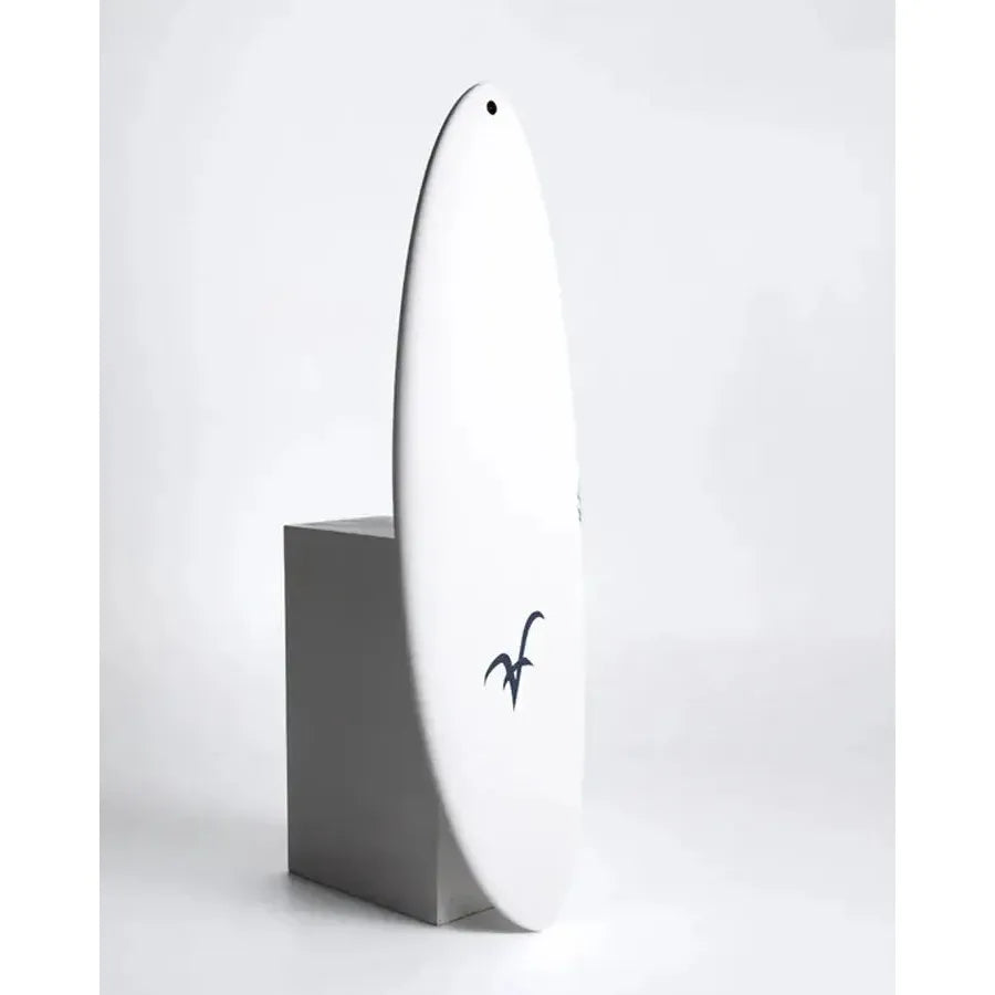 White surfboard with black minimalist logo on display, essential surf gear at Welcome Boardstore