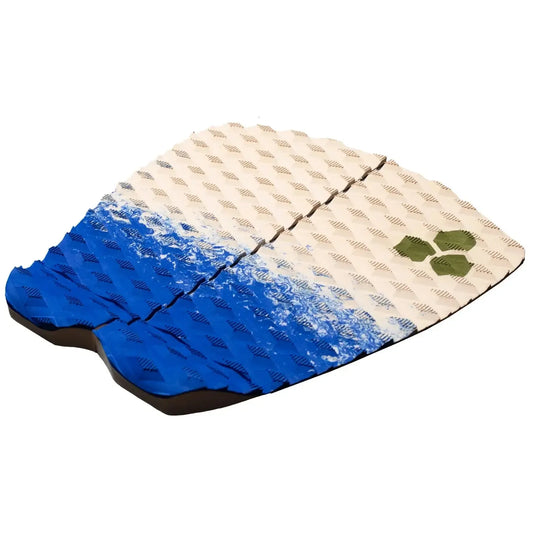 Two-piece surfboard traction pad with textured white and blue grip, available at Welcome Boardstore.
