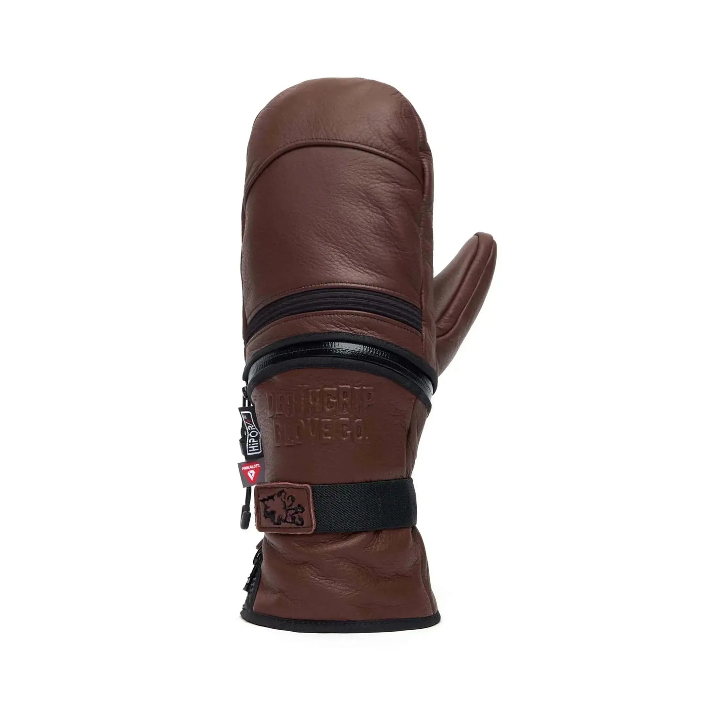 Brown leather snow mitten with zipper and logo, ideal for snowboarding at Welcome Boardstore