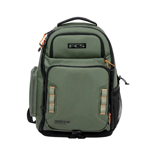 FCS Day X Pack 24L Green backpack with FCS logo on a white background