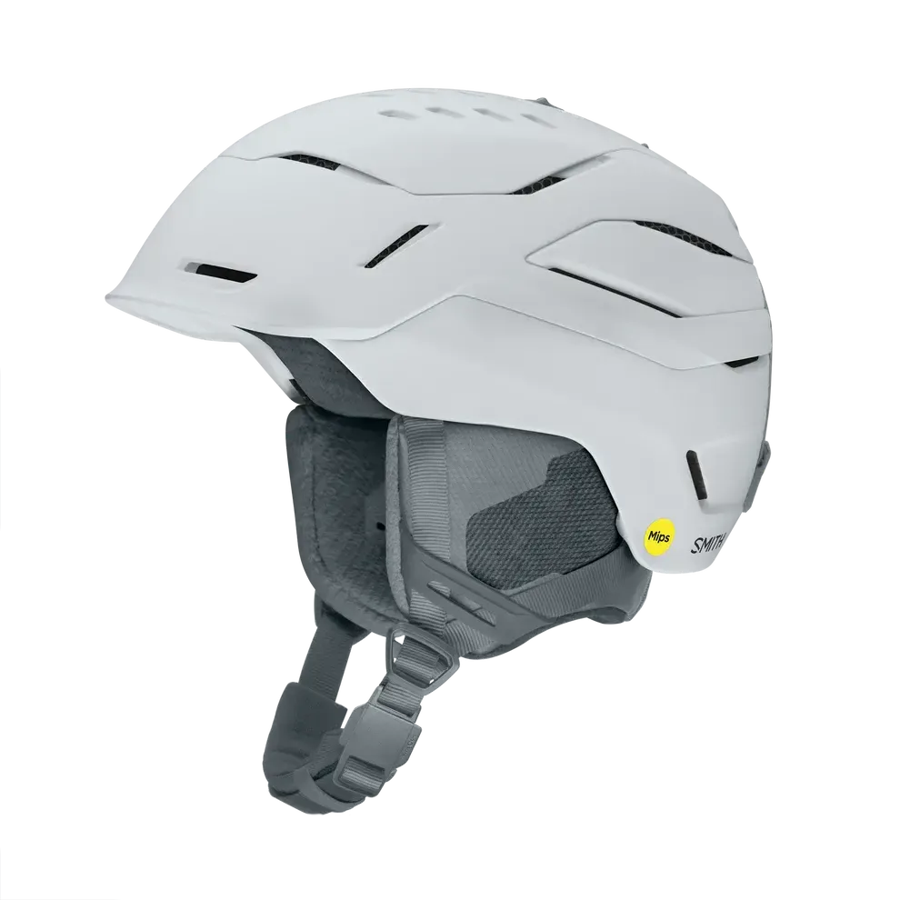 White helmet with gray interior and Smith logo on a white background welcome boardstore