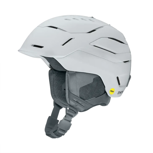 White helmet with gray interior and Smith logo on a white background welcome boardstore