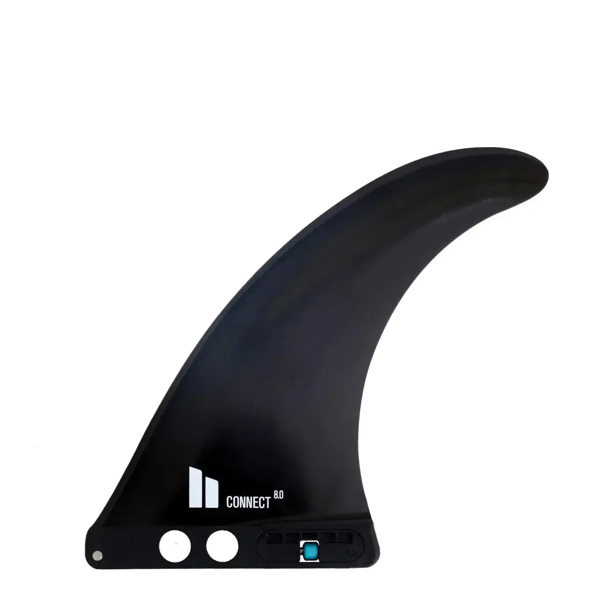 Black longboard surfboard fin with 'Connect 8.0' text on white background