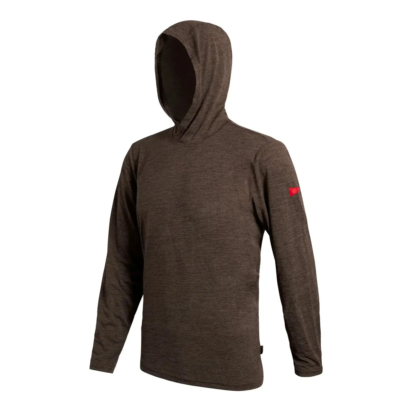 Brown long sleeve hooded snowboard base layer top with red patch on sleeve