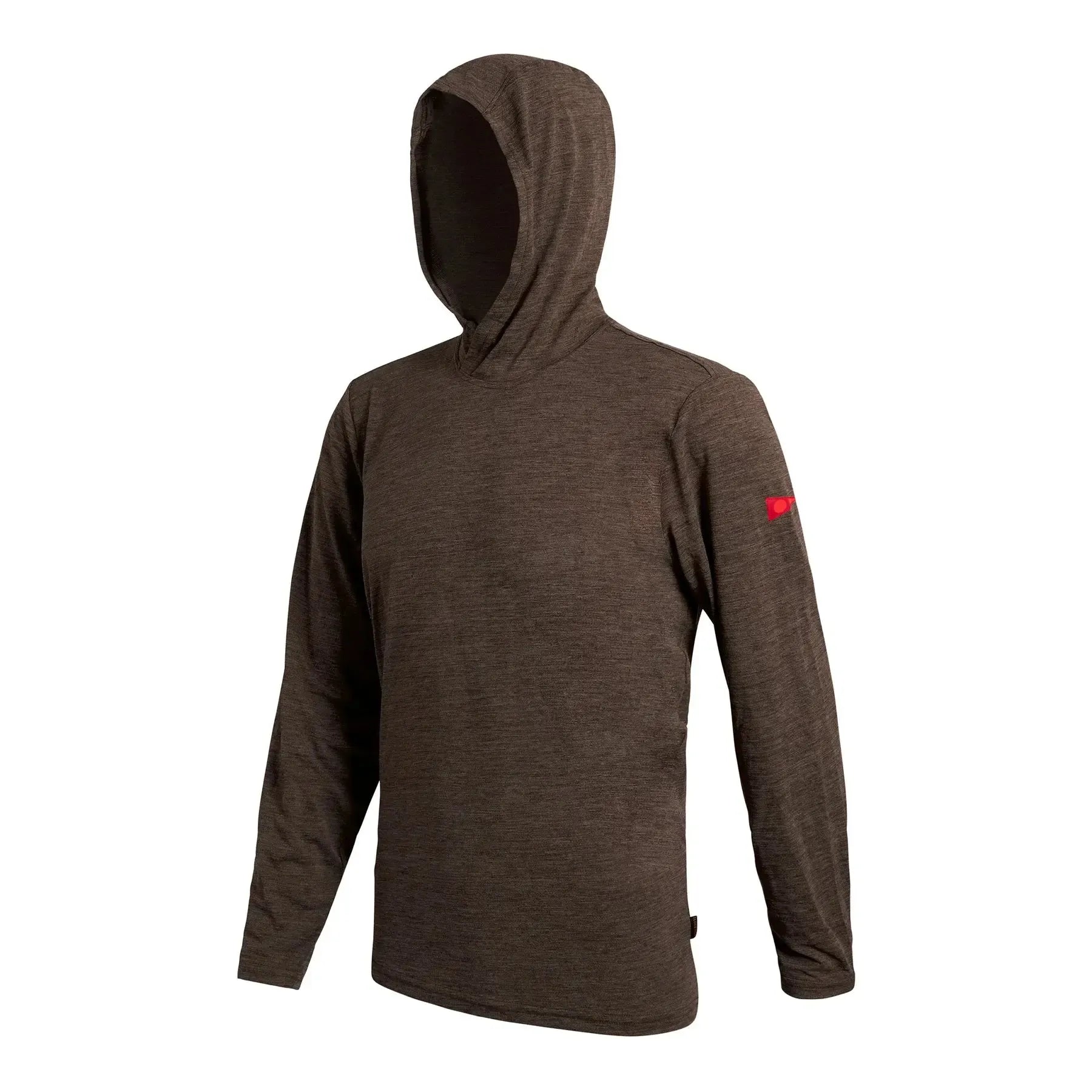 Brown long sleeve hooded snowboard base layer top with red patch on sleeve