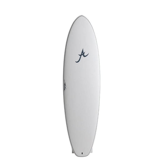 White surfboard with black logo on deck, designed for surfing essentials