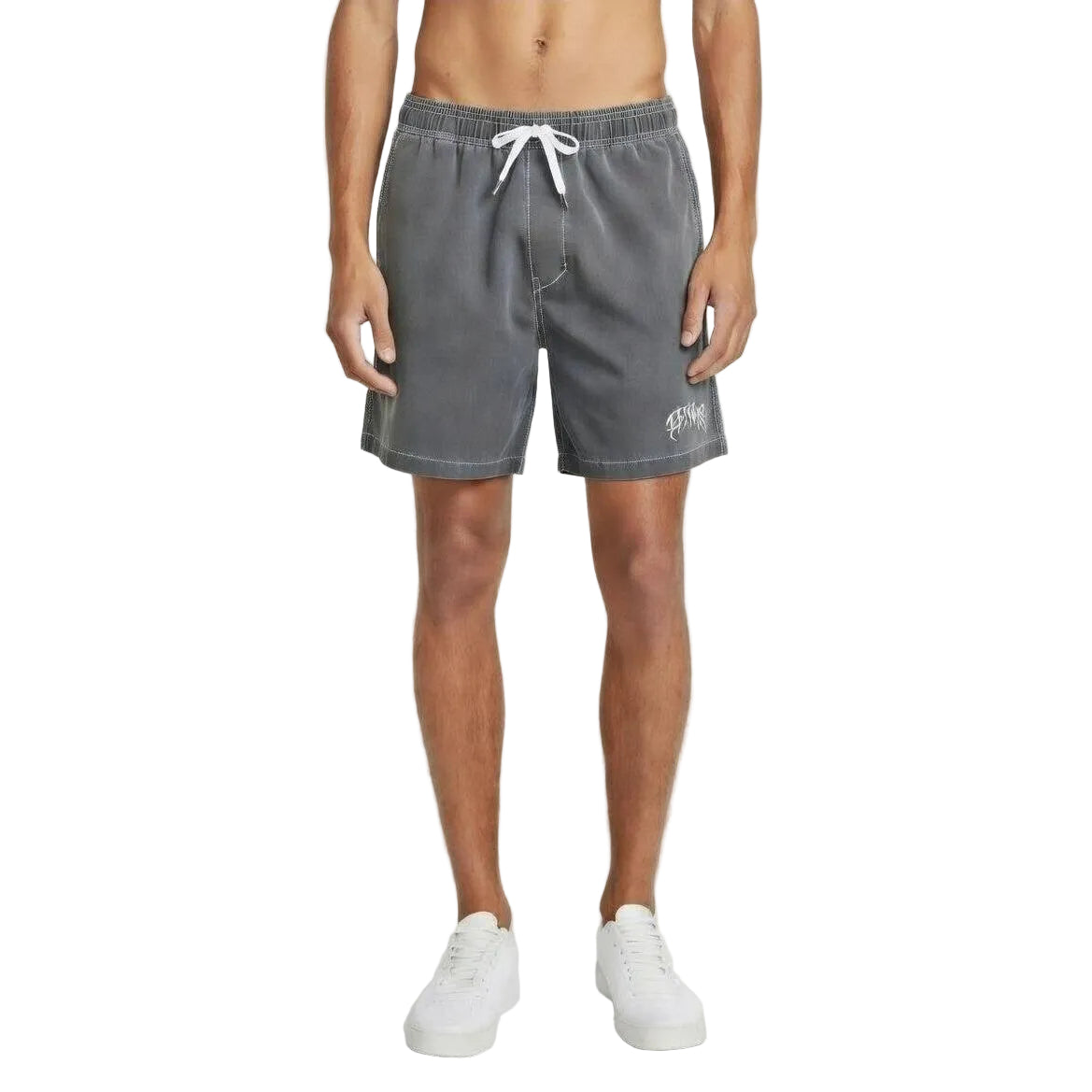 Person wearing gray shorts with a white logo on a white background welcome boardstore