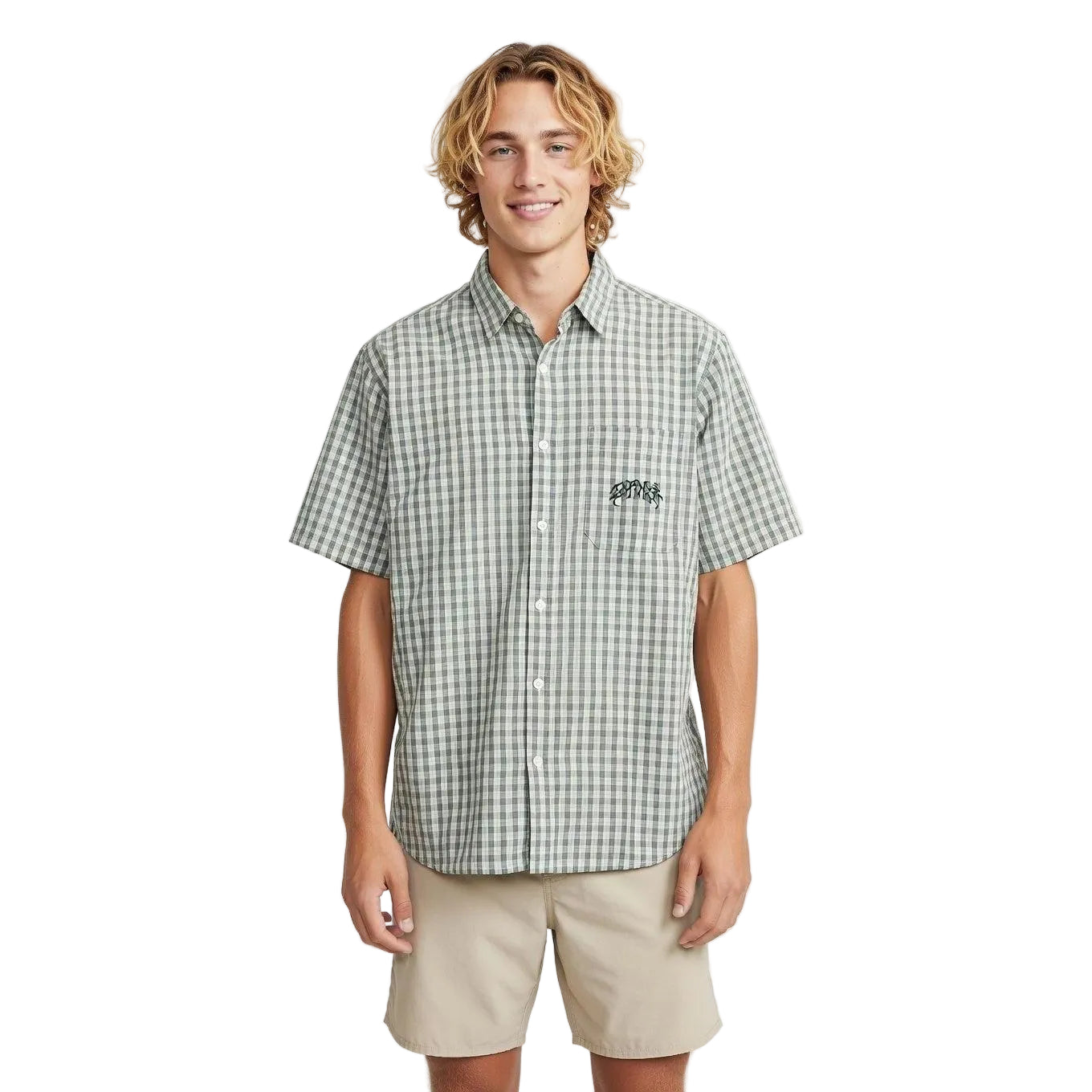 Man wearing a green checkered shirt with a logo on a white background welcome boardstore