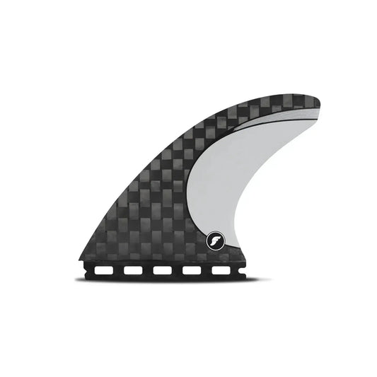 Blackstix vector 3.2 thruster surfboard fin with carbon fiber checker pattern on white background