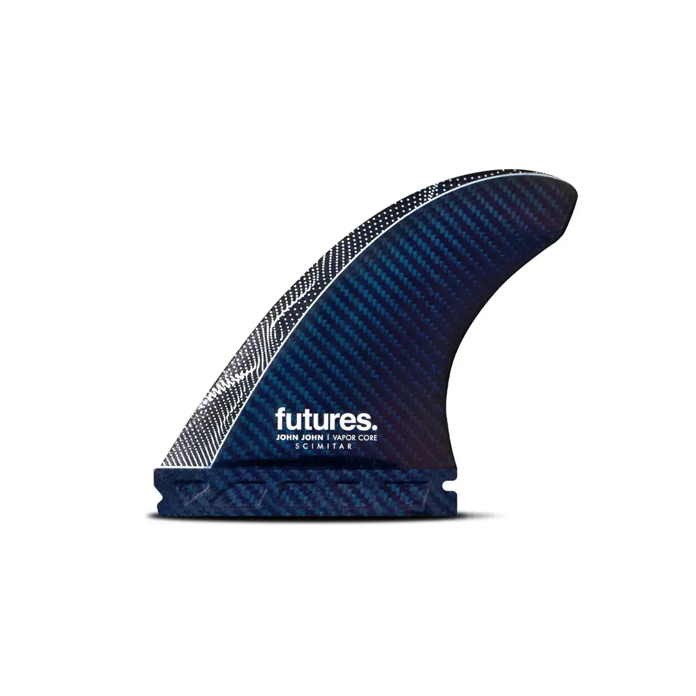 Blue surf fin with 'futures' branding on a white background