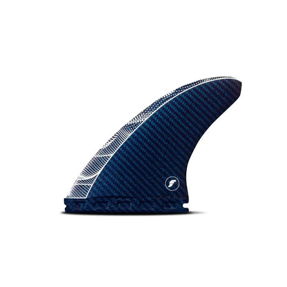 Blue surf fin with a logo on a white background