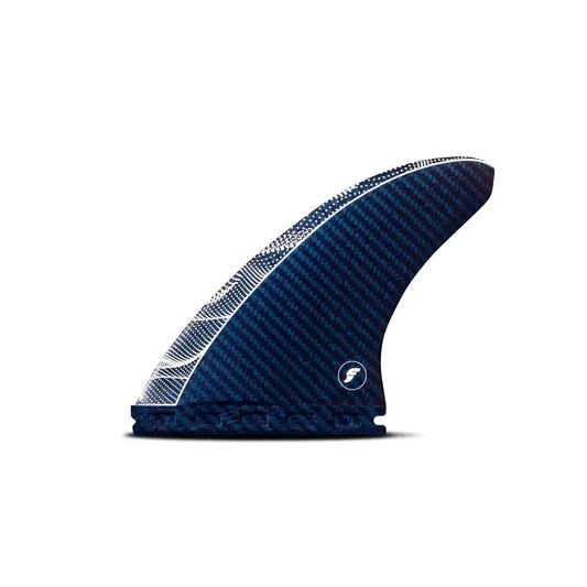 Blue surf fin with a logo on a white background