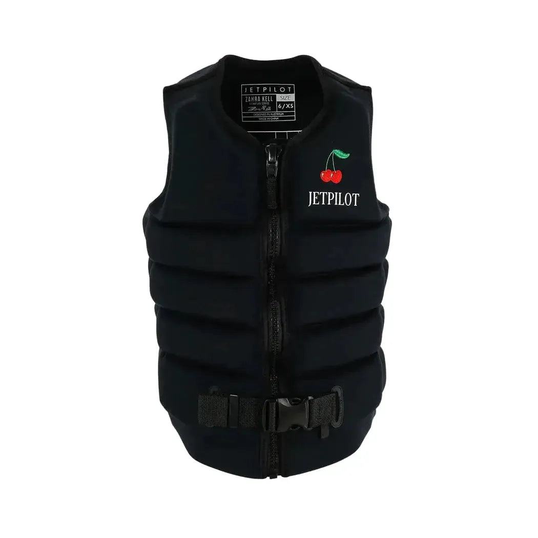 Black wakeboard and watersports vest with zipper, buckle, cherry and logo detail on chest