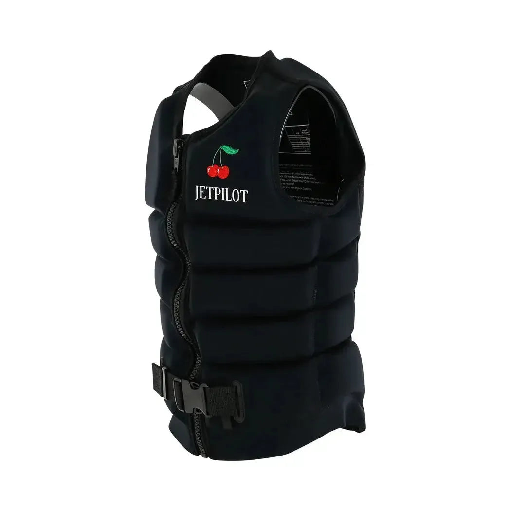 Black wakeboard vest with front zipper, buckle, and cherry embroidery detail