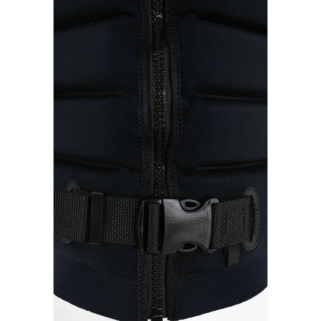 Close-up of black wakeboard impact vest with zipper and adjustable buckle strap