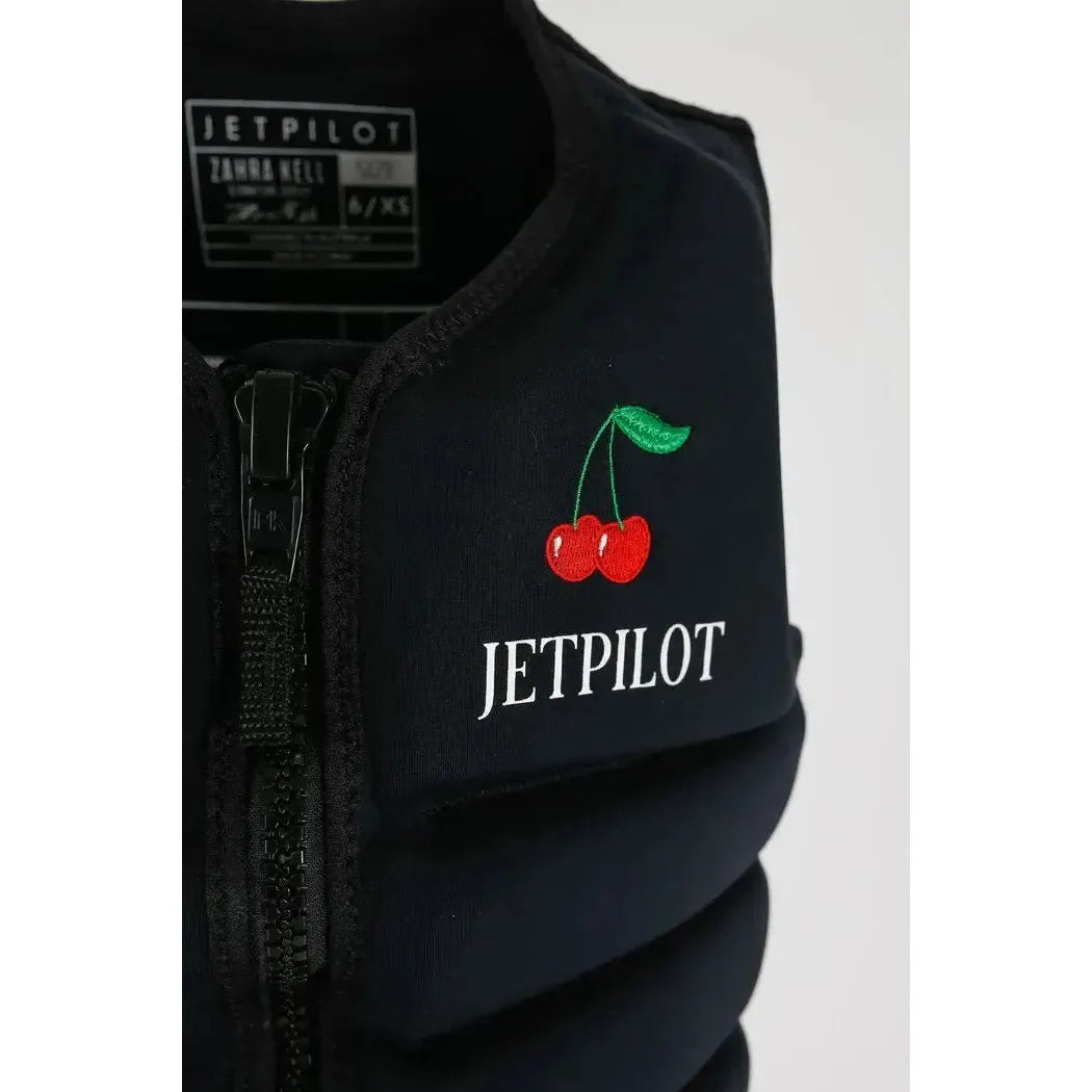 Black wakeboard vest with cherry graphic and Jetpilot logo on the chest
