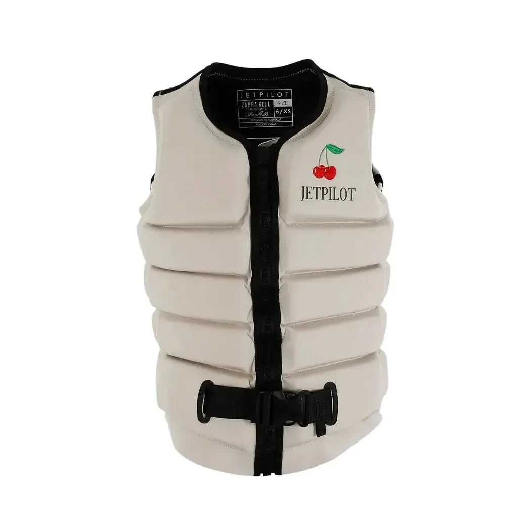 Jetpilot adult wakeboard vest in off-white with cherry graphic, front zip and buckle