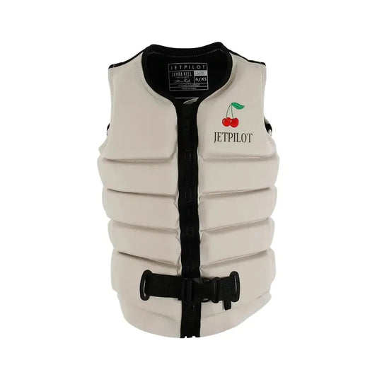 Jetpilot adult wakeboard vest in off-white with cherry graphic, front zip and buckle