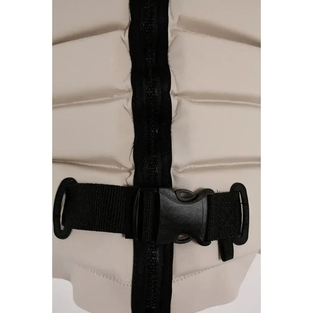 Close-up of off-white wakeboard vest with black buckle strap, Boardstore Australia