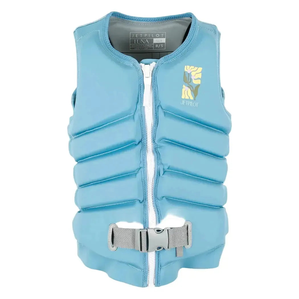 Jetpilot Luna women's blue wakeboard and surf vest with front zip and belt, Welcome Boardstore