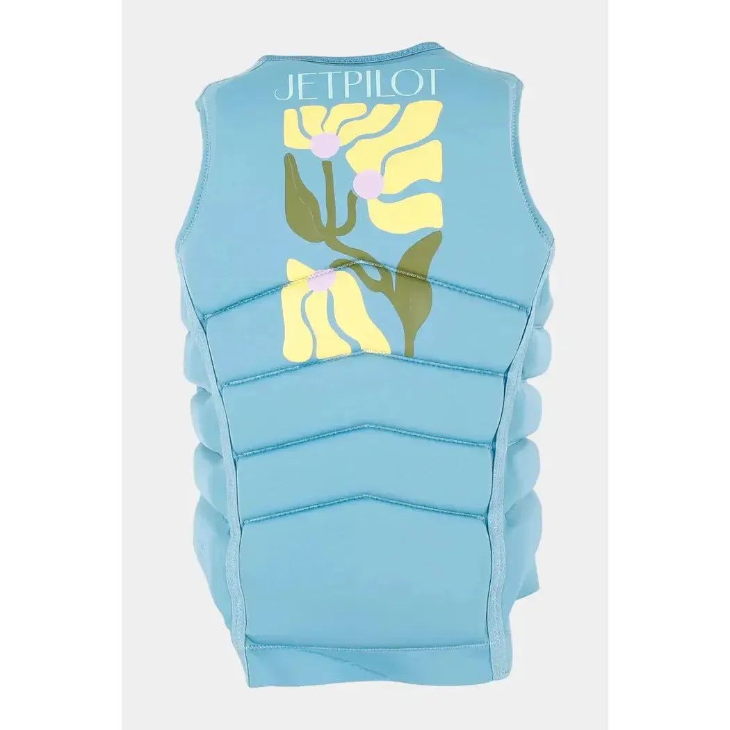 Jetpilot women's blue wakeboard vest with yellow floral design, back view