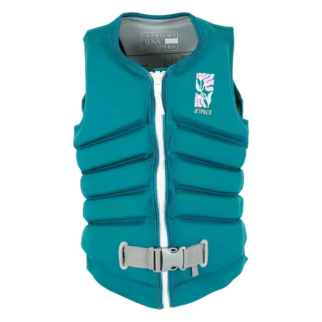 Jetpilot Luna teal eco vest for wakeboarding with front zip and buckle, Welcome Boardstore